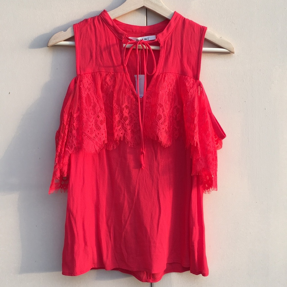 New Red cold shoulder lace top